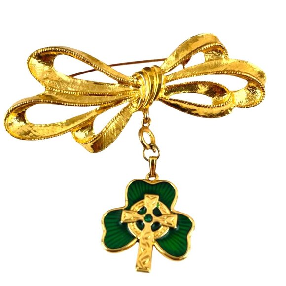 Phister Gold-Tone Bow Brooch With Dangling Green Enamel Clover Celtic Cross Char - Picture 5 of 8
